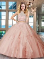 Popular Floor Length Pink Quince Ball Gowns Halter Top Sleeveless Backless(SKU SXQD024-1BIZ)