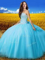 Strapless Sleeveless Lace Up 15th Birthday Dress Aqua Blue Tulle