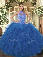Floor Length Lace Up Quinceanera Gown Blue for Sweet 16 and Quinceanera with Beading and Embroidery and Ruffles