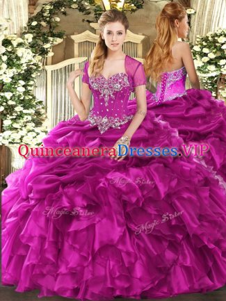 Exquisite Organza Sweetheart Sleeveless Lace Up Beading and Ruffles and Pick Ups Quinceanera Dress in Fuchsia