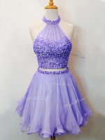 Smart Sleeveless Organza Knee Length Lace Up Vestidos de Damas in Lavender with Beading