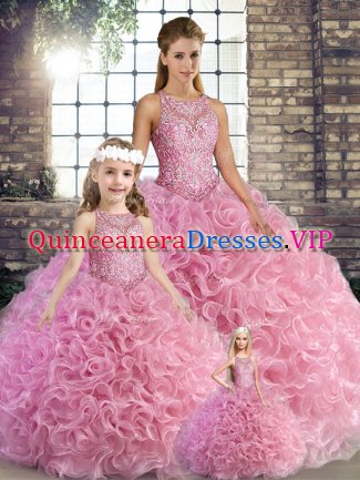 Rose Pink Sleeveless Floor Length Beading Lace Up 15th Birthday Dress