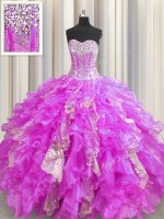Top Selling Visible Boning Lilac Sleeveless Beading and Ruffles and Sequins Floor Length Quince Ball Gowns