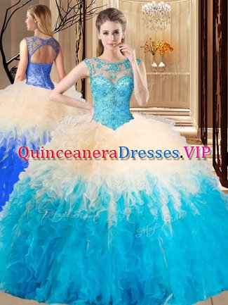 Floor Length Backless Quince Ball Gowns Multi-color for Prom and Military Ball and Sweet 16 and Quinceanera with Beading and Ruffles