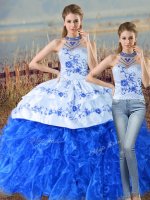 Luxurious Halter Top Sleeveless Organza Sweet 16 Quinceanera Dress Embroidery and Ruffles Court Train Lace Up