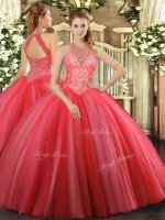 Coral Red Ball Gowns Tulle High-neck Sleeveless Beading Floor Length Lace Up Ball Gown Prom Dress