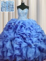 Latest Visible Boning Bling-bling Organza Sleeveless With Train Ball Gown Prom Dress Brush Train and Beading and Ruffles(SKU PSSW0585-5BIZ)