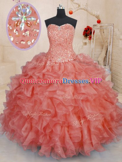 Graceful Watermelon Red Organza Lace Up Sweet 16 Quinceanera Dress Sleeveless Floor Length Beading and Ruffles - Click Image to Close