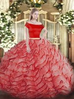 Off The Shoulder Short Sleeves Brush Train Zipper Quinceanera Dress Coral Red Tulle(SKU SJQDDT1572002-1BIZ)