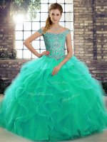 Inexpensive Turquoise Quince Ball Gowns Military Ball and Sweet 16 and Quinceanera with Beading and Ruffles Off The Shoulder Sleeveless Brush Train Lace Up
