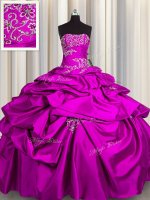 Fuchsia Sleeveless Appliques and Pick Ups Floor Length Quinceanera Gowns