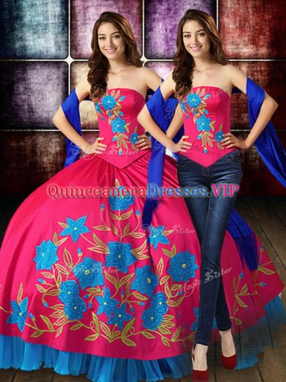 Wonderful Hot Pink Strapless Neckline Embroidery Quinceanera Gowns Sleeveless Lace Up - Click Image to Close