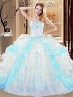 Fantastic Blue And White Sleeveless Floor Length Embroidery and Ruffled Layers Lace Up Ball Gown Prom Dress