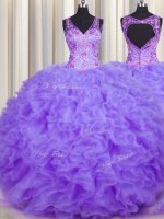 Popular V Neck Lavender Sleeveless Organza Backless Quince Ball Gowns for Military Ball and Sweet 16 and Quinceanera
