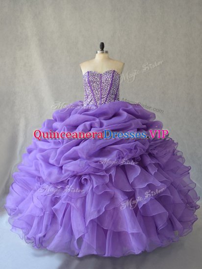 Comfortable Sleeveless Floor Length Lace Up 15th Birthday Dress in Lavender with Beading and Ruffles and Pick Ups - Click Image to Close