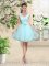 Custom Design Aqua Blue V-neck Lace Up Lace and Belt Dama Dress for Quinceanera Sleeveless