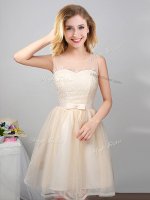 Delicate Scoop Mini Length Champagne Court Dresses for Sweet 16 Tulle Sleeveless Lace and Appliques and Belt