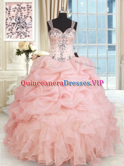 Top Selling Baby Pink 15 Quinceanera Dress Military Ball and Sweet 16 and Quinceanera with Beading and Ruffles and Pick Ups Straps Sleeveless Zipper - Click Image to Close