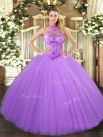 Exceptional Floor Length Lavender Sweet 16 Dress Halter Top Sleeveless Lace Up