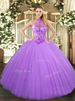 Exceptional Floor Length Lavender Sweet 16 Dress Halter Top Sleeveless Lace Up(SKU SJQDDT1148002-1BIZ)