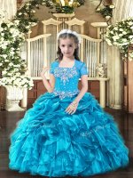Baby Blue Ball Gowns Organza Straps Sleeveless Beading and Ruffles Floor Length Lace Up Kids Pageant Dress