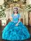 Baby Blue Ball Gowns Organza Straps Sleeveless Beading and Ruffles Floor Length Lace Up Kids Pageant Dress