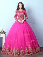 Luxurious Fuchsia Lace Up Scoop Appliques 15th Birthday Dress Tulle Long Sleeves(SKU YCQD0109BIZ)