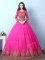 Luxurious Fuchsia Lace Up Scoop Appliques 15th Birthday Dress Tulle Long Sleeves