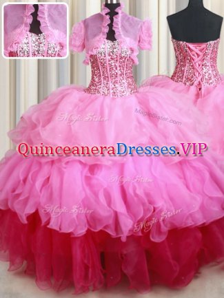 Sequins Floor Length Rose Pink Sweet 16 Dress Sweetheart Sleeveless Lace Up