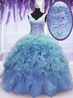 Sleeveless Organza Floor Length Lace Up 15th Birthday Dress in Blue with Beading and Embroidery and Ruffles(SKU PSSW098-3BIZ)