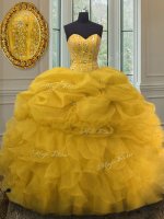 On Sale Beading and Ruffles and Pick Ups Ball Gown Prom Dress Gold Lace Up Sleeveless Floor Length