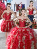 Flirting Three Piece Floor Length Red Quinceanera Gowns Sweetheart Sleeveless Lace Up