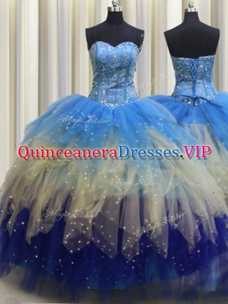 Visible Boning Sweetheart Sleeveless Tulle Quinceanera Gowns Beading and Ruffles and Sequins Lace Up