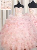 Sleeveless Floor Length Beading and Ruffles Lace Up 15 Quinceanera Dress with Baby Pink