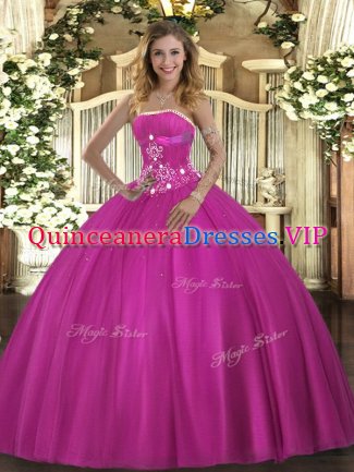 Graceful Ball Gowns 15th Birthday Dress Fuchsia Strapless Tulle Sleeveless Floor Length Lace Up