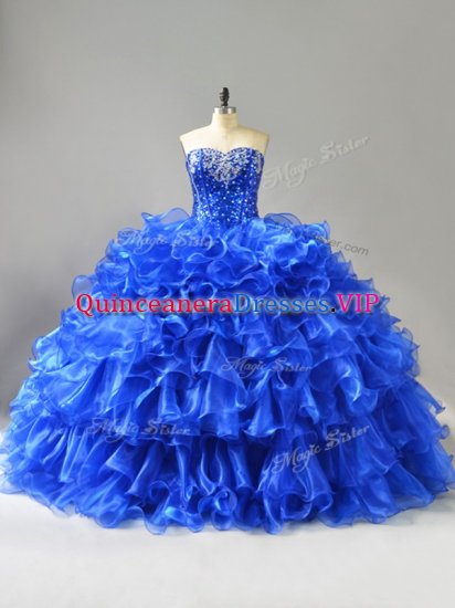 Royal Blue Sleeveless Organza Lace Up Quince Ball Gowns for Sweet 16 and Quinceanera - Click Image to Close
