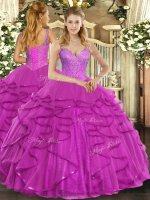Dramatic Fuchsia Ball Gowns Beading and Ruffles Quinceanera Dresses Lace Up Tulle Sleeveless Floor Length(SKU SJQDDT1077002BIZ)