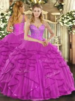 Dramatic Fuchsia Ball Gowns Beading and Ruffles Quinceanera Dresses Lace Up Tulle Sleeveless Floor Length