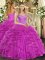Dramatic Fuchsia Ball Gowns Beading and Ruffles Quinceanera Dresses Lace Up Tulle Sleeveless Floor Length