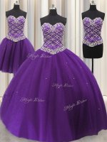 Custom Designed Three Piece Eggplant Purple Vestidos de Quinceanera Military Ball and Sweet 16 and Quinceanera with Beading and Sequins Sweetheart Sleeveless Lace Up(SKU PSSW058KC002-5BIZ)