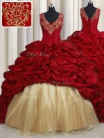Red Taffeta Lace Up V-neck Sleeveless Sweet 16 Quinceanera Dress Sweep Train Beading and Appliques and Pick Ups(SKU PSSW0596BIZ)