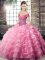 Colorful Off The Shoulder Sleeveless 15 Quinceanera Dress Brush Train Beading and Ruffled Layers Rose Pink Organza