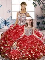Red Ball Gowns Organza Scoop Sleeveless Beading and Ruffles Floor Length Lace Up Quinceanera Gown