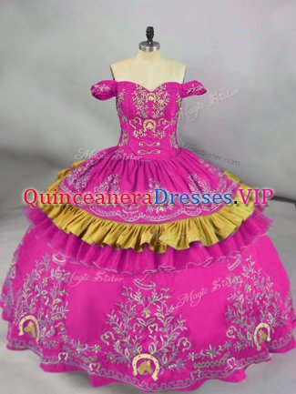 Simple Fuchsia Sleeveless Embroidery Floor Length Quinceanera Dress