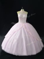 Pink Ball Gowns Beading and Appliques Sweet 16 Dresses Tulle Sleeveless