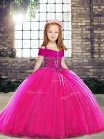 Affordable Sleeveless Beading Lace Up Pageant Dress with Fuchsia Brush Train