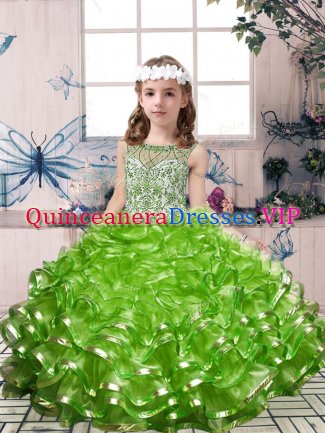 Elegant Green Scoop Lace Up Beading and Ruffles Child Pageant Dress Sleeveless