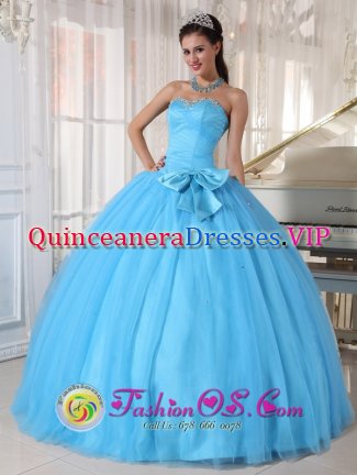 Aqua Blue San Ignacio Blivia New year Quinceanera Dress Sweetheart Tulle Ball Gown with Beading and Bowknot Decorate Ruched Bodice