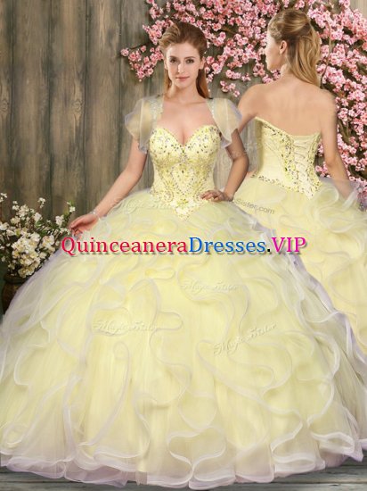 Spectacular Floor Length Light Yellow Ball Gown Prom Dress Tulle Sleeveless Beading and Ruffles - Click Image to Close