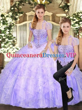 Sophisticated Lavender Tulle Lace Up Ball Gown Prom Dress Sleeveless Floor Length Beading and Appliques and Ruffles